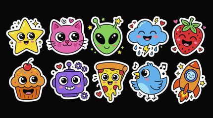 Obraz premium Cute Kawaii Cartoon Characters Collection Sticker Pack.