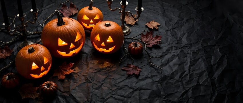 Glowing jack-o-lantern pumpkins with carved faces surrounded by autumn leaves and pine cones on dark textured background for Halloween decorations.