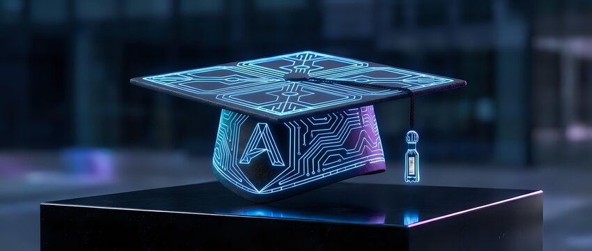 Digital graduation cap with circuit board pattern glowing in blue and purple neon lights on futuristic platform for technology education concepts.
