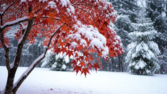 Snowy winter landscape showcasing a vibrant red japanese maple tree and a beautiful snow-covered forest background