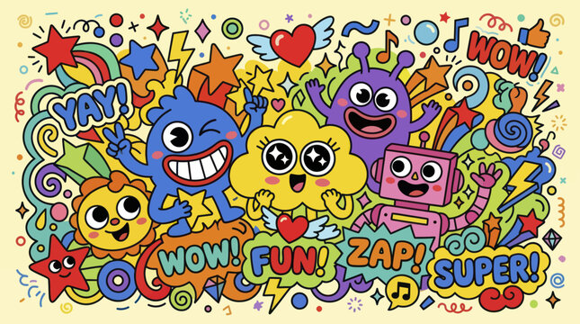 Cute cartoon monsters and robot characters in a fun doodle style.