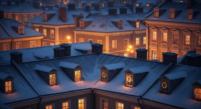Snow Covered Rooftops with Christmas Wreaths at Dusk in Winter