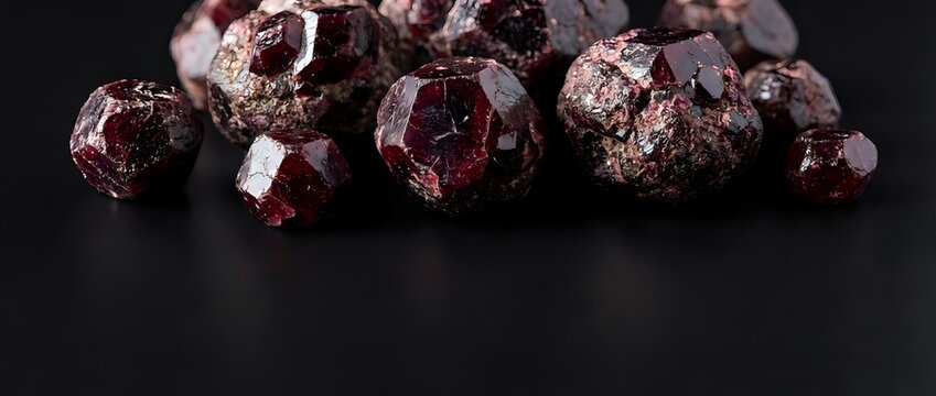Deep red garnet gemstones with faceted cuts scattered on dark surface for jewelry design and luxury accessories projects.