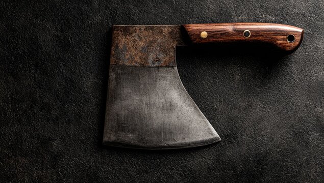 A rusty hand axe with a dark wooden handle on a textured dark surface
