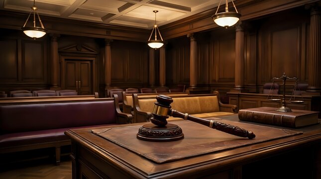 Empty courtroom interior with wooden gavel on judge bench, dark wood paneling, pendant lighting and jury seating for legal proceedings.