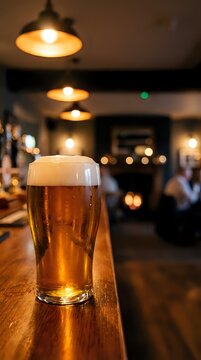 Fresh pint of golden beer with foam head on wooden bar counter in cozy pub with warm ambient lighting and blurred restaurant background.