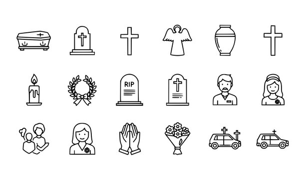 Funeral line icon set with coffin grave angel cross wreath and memorial outline symbols
