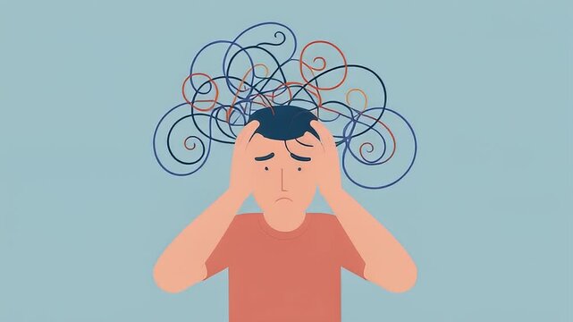 Man with confused expression, hands raised, feeling overwhelmed, blue background