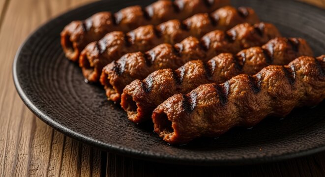 Delicious grilled minced meat kebabs (Mici or Cevapi) with grill marks, served on a dark plate with rustic wooden background.