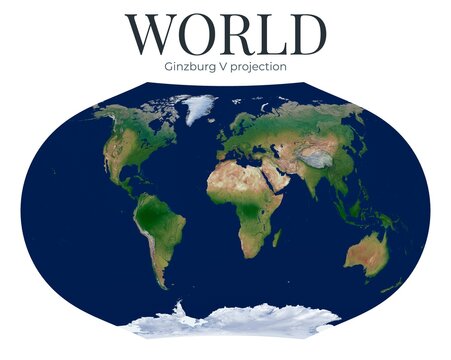 World Map. Ginzburg V projection. High Detail Physical Map of The World. Raster Graphic Illustration.
