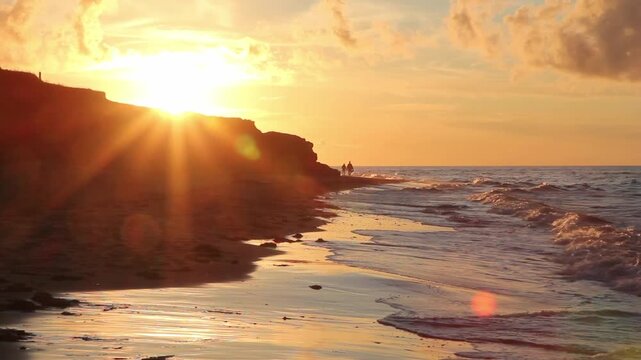 Golden beach sunset with people. Prince Edward Island, Canada. HD.