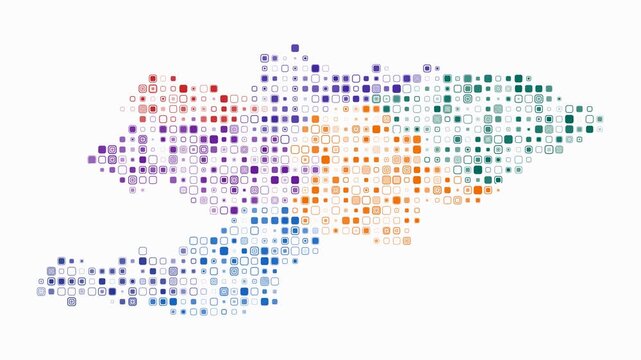 Kyrgyzstan animated country shape. Pulsating colored dots on the map of the country. Small size rounded square blocks. Digital style Kyrgyzstan map on white background. Plain animation video.
