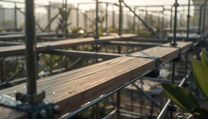 Naklejka premium An intricate framework of metal scaffolding beams and wooden planks stands ready for construction work.