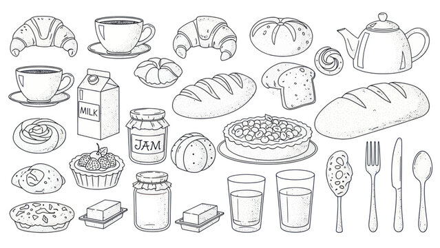 A delightful collection of breakfast pastries and beverages sketched in a charming outline style.