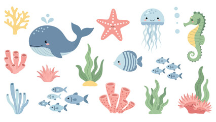 Fototapeta premium Adorable cartoon marine life and underwater plants collection.