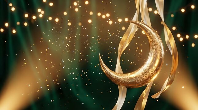 Golden trophy award with elegant curved design against sparkling green and gold bokeh background for celebration and achievement recognition.