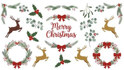 Christmas Elements Featuring Reindeer Wreaths and Holly Decorations. © Yuni