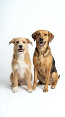 Obraz premium Two happy dogs sitting together on white background, mixed breed terrier and shepherd mix with tongues out, isolated studio portrait for pet care designs.