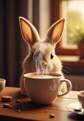 Fototapeta premium Tan Rabbit Sniffing Steaming Mug on Wooden Table Indoors