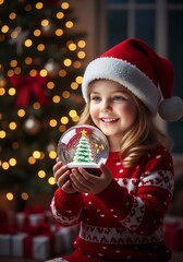 Fototapeta premium Smiling Young Girl Holding Christmas Snow Globe Near Decorated Tree