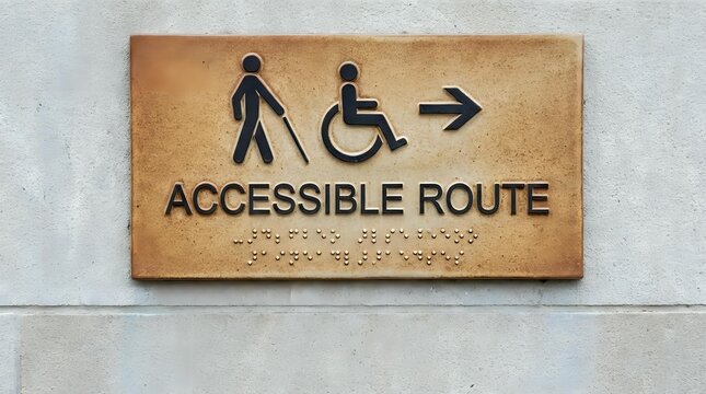 Accessible route sign with braille text and disability symbols showing walking person with cane and wheelchair user with directional arrow on bronze plaque.