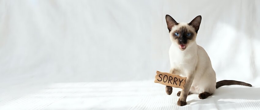 Siamese cat holding sorry sign with apologetic expression sitting on white surface against neutral background for pet behavior and communication concepts.