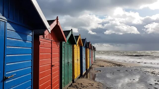 Colorful beach huts line the shoreline as waves crash against the sandy beach under a cloudy sky.
