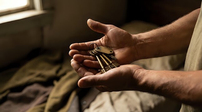 Elderly man's weathered hands holding house keys in warm sunlight, symbolizing home ownership, real estate, security and life transitions.