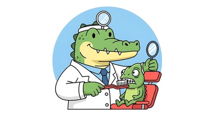 Obraz premium Cartoon alligator dentist brushes scared patient's teeth in chair