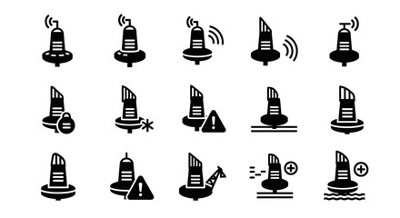A comprehensive vector icon collection featuring various marine buoys, essential for nautical navigation, sea safety, and maritime signaling systems © John