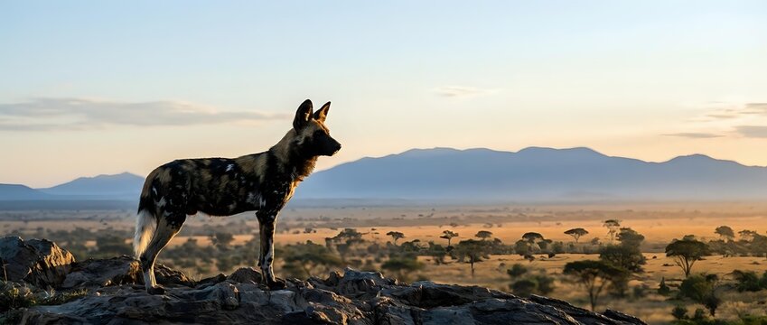 Wild African painted dog standing on rocky outcrop at sunset with mountain landscape background in savanna wilderness habitat.