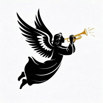 Black silhouette of a flying angel with large wings blowing a golden trumpet against a white background, symbolizing divine announcement or celebration.
