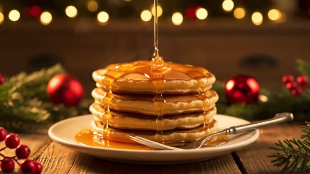 Delicious golden pancakes stacked high with maple syrup drizzled on a festive holiday breakfast table.