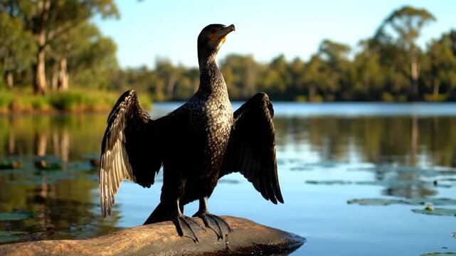 Black cormorant with open wings dries feathers on log in tranquil lake with blurred background of trees and water plants.