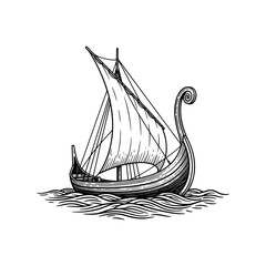 Viking Longship Sailing on Waves Hand Drawn Illustration. © MR.HAY