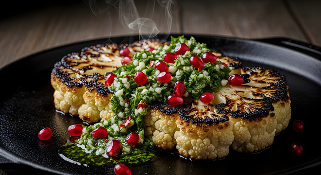 Gourmet roasted cauliflower steak with fresh herb gremolata and pomegranate seeds served hot on a cast iron skillet with rising steam.