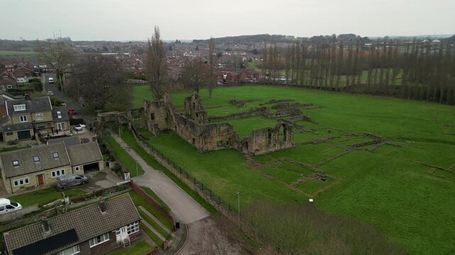 4K Aerial Static Shot of Monk Bretton Priory Ruins, Medieval Cluniac Monastery, South Yorkshire, United Kingdom. High-quality.