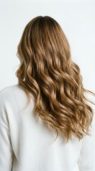 Fototapeta premium Woman with long wavy brown hair with blonde highlights wearing white sweater from behind showing healthy hair texture and natural waves.