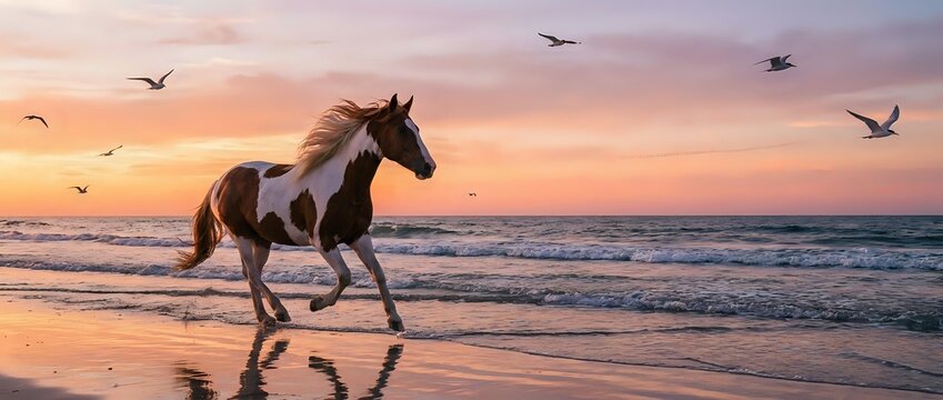 Majestic pinto horse galloping along ocean beach at sunset with dramatic sky and seagulls flying overhead, creating romantic coastal scene with waves and reflections.
