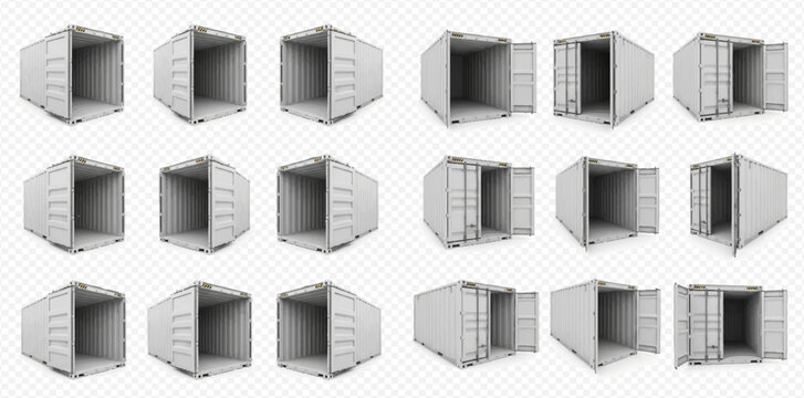 Set of empty white shipping containers with open and closed doors, isolated on a transparent background, perfect for logistics and transportation concepts.