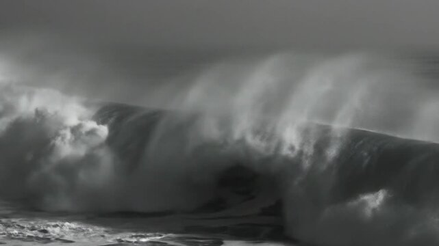 Dramatic black and white ocean wave crashing with sea spray and turbulent water motion in overcast conditions