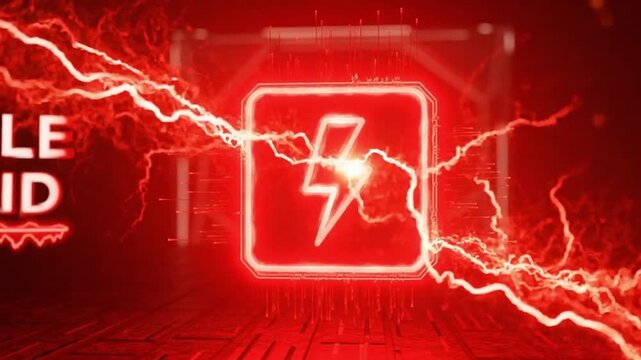 Electric bolt logo in neon red with energetic lightning strikes in a dark, high-tech environment for technology branding.
