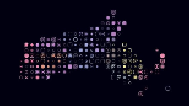 Massachusetts animated shape. Pulsating colored dots on the map of the state. Large size rounded square blocks. Digital style Massachusetts map on dark background. Classy animation video.