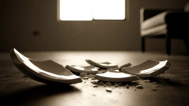 Broken plate shattered on the floor in sepia toned interior with sunlight and soft focus dust