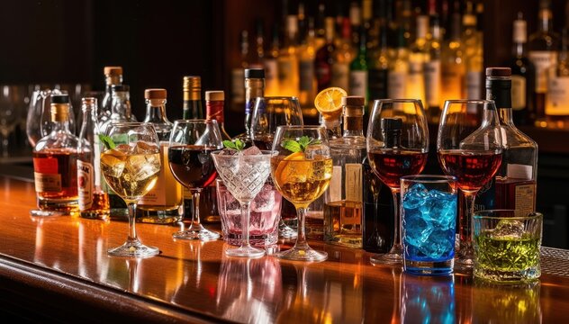 Cheers to Refreshment: An array of colorful cocktails and spirits, meticulously arranged behind a sleek bar. The scene is set with an abundance of bottles and glasses.