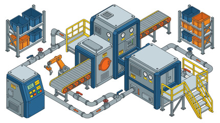 Fototapeta premium Isometric Industrial Production Line with Robotic Arm and Conveyor Belts.
