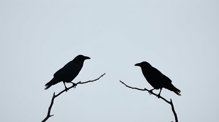 Obraz premium Two black bird silhouettes perched on bare branches against gray sky creating minimalist nature composition for wildlife and ornithology designs.