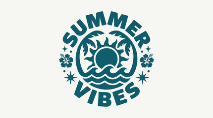 Summer Vibes Tropical Beach Sunset Ocean Palm Trees Graphic Design. © xigma