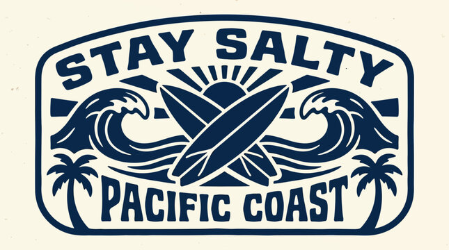 Stay Salty Pacific Coast Surfboard Wave Palm Tree Graphic.