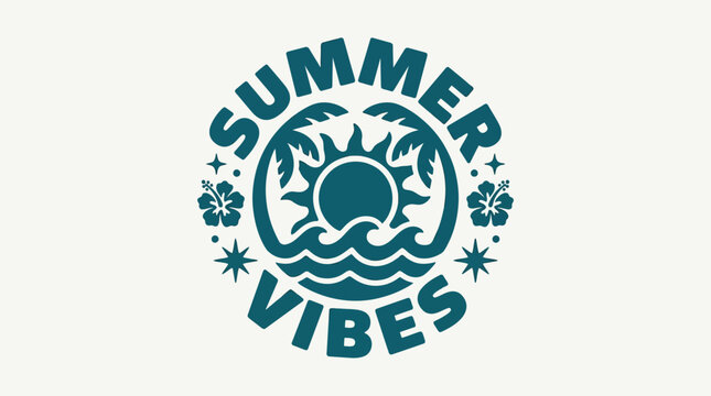 Summer Vibes Tropical Beach Sunset Ocean Palm Trees Graphic Design.